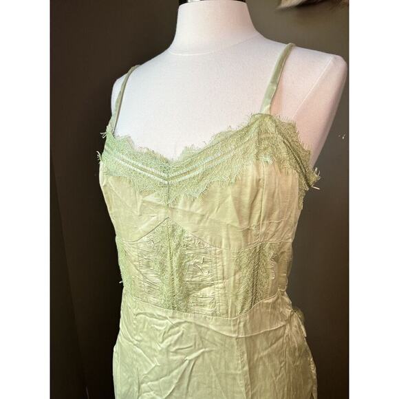 Anthropologie Let Me Be Satin Green Lace Trimmed Boho Midi Dress Size Large - Picture 6 of 13